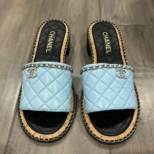 Chanel Light Blue Chain Mule Sandals